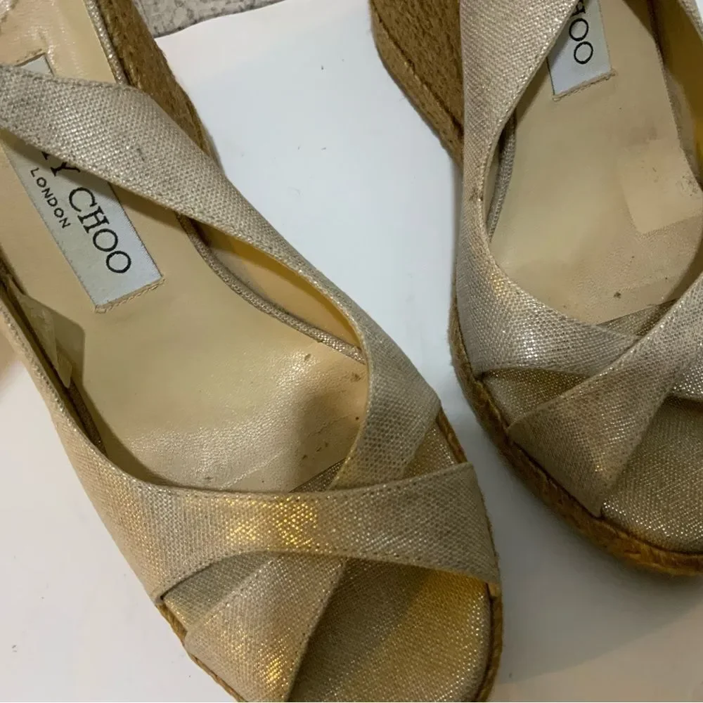 JIMMY CHOO Women’s 38 US 8 Espadrille Platform Wedge Gold Metallic Leather
